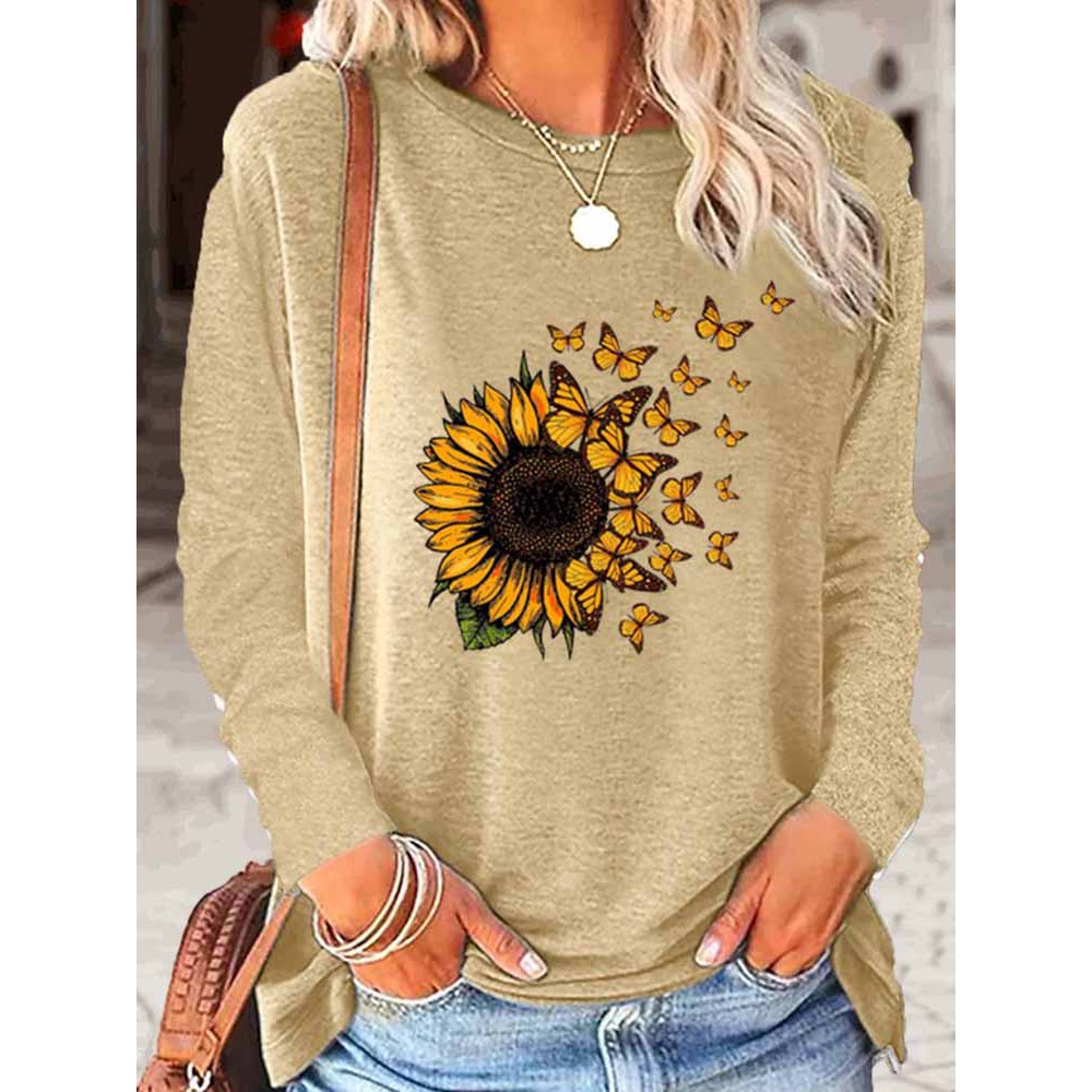 Women's Sunflower Butterfly Print Crew Neck Sweatshirt
