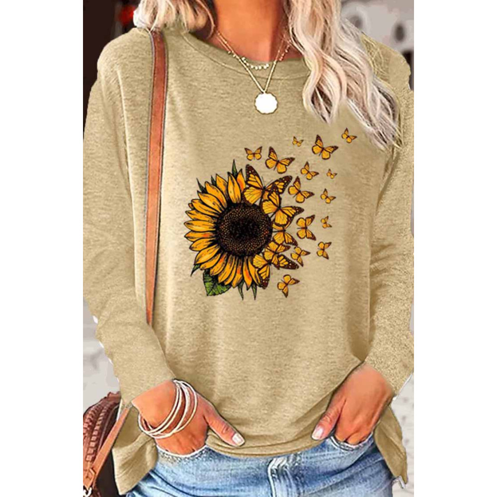 Women's Sunflower Butterfly Print Crew Neck Sweatshirt