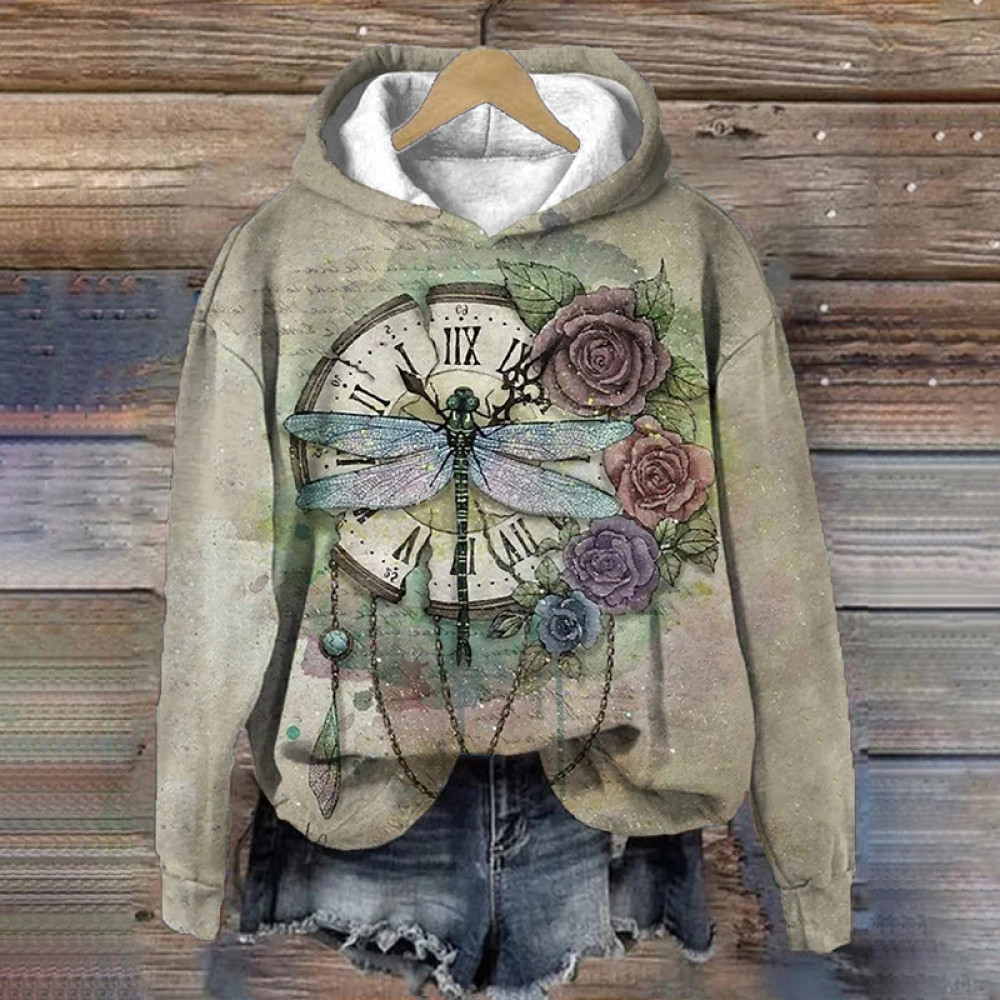 Women's Vintage Broken Clock Dragonfly Flower Print Hoodie