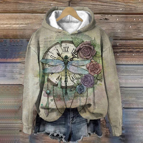Women's Vintage Broken Clock Dragonfly Flower Print Hoodie