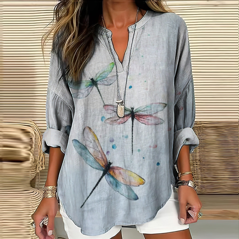 Women's Watercolor Dragonfly Print Casual Shirt