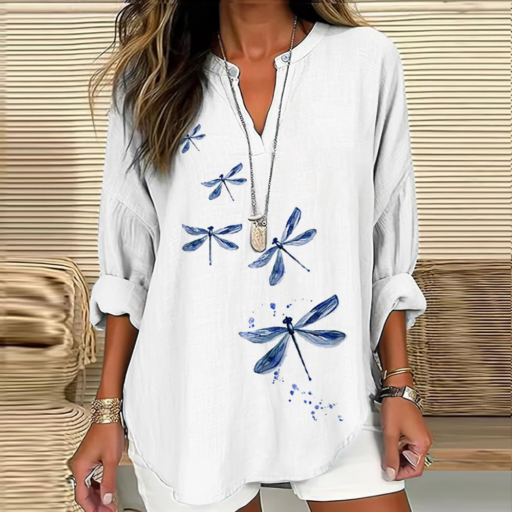 Women's Watercolor Dragonfly Print Casual Shirt