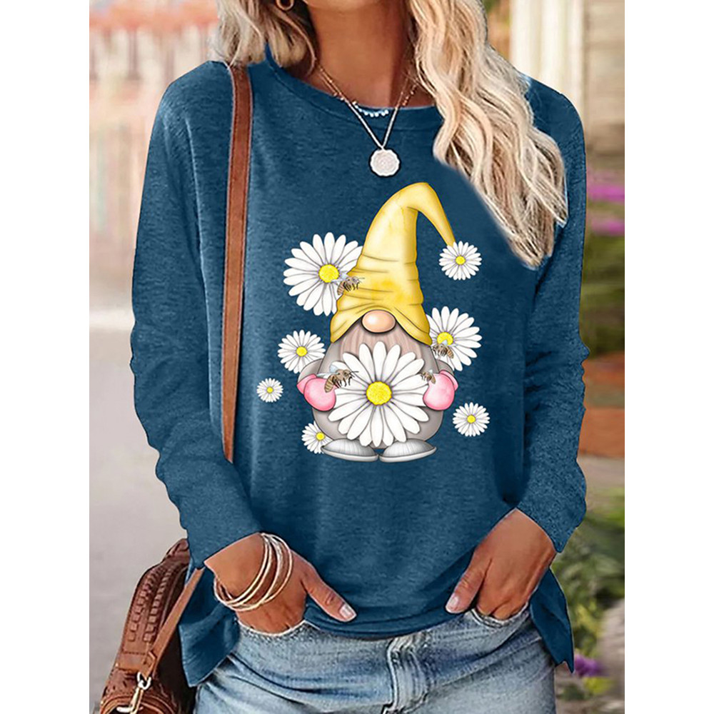 Womens Gnome Daisy Bee Print Crew Neck Casual Sweatshirt