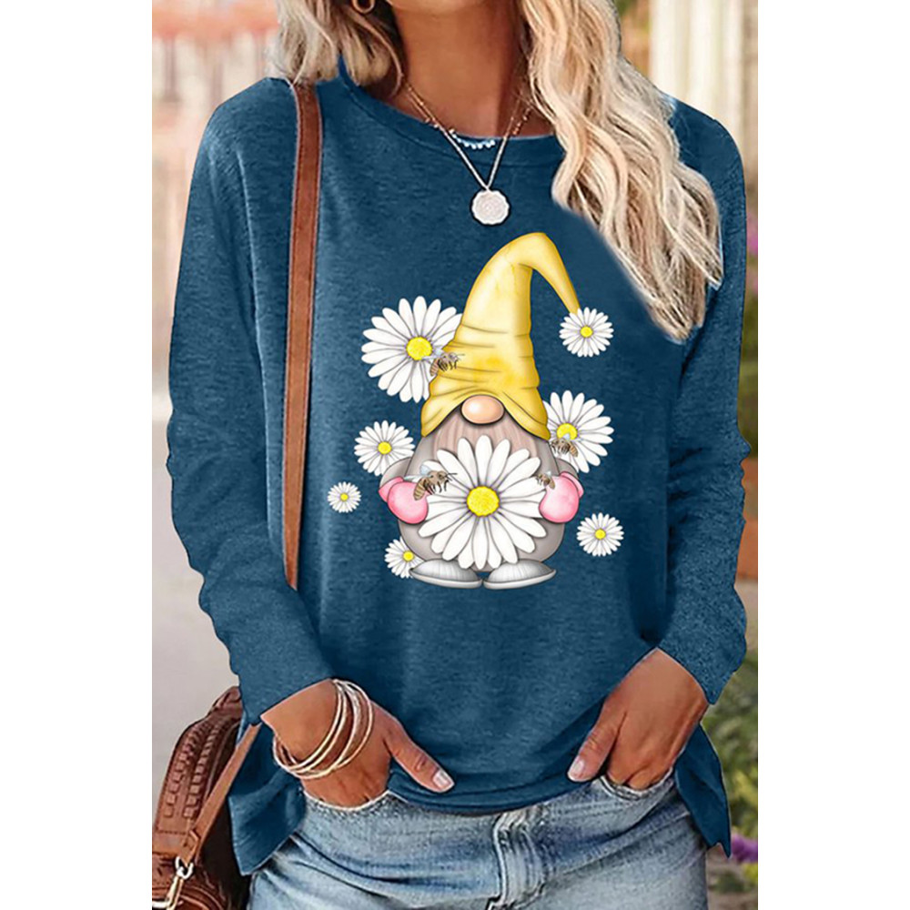 Womens Gnome Daisy Bee Print Crew Neck Casual Sweatshirt
